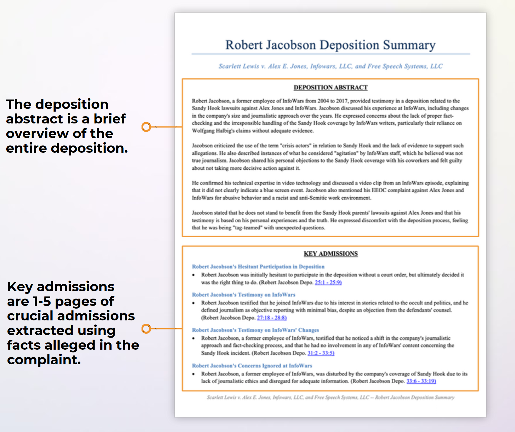 AI deposition memo abstract/overview and key admissions example