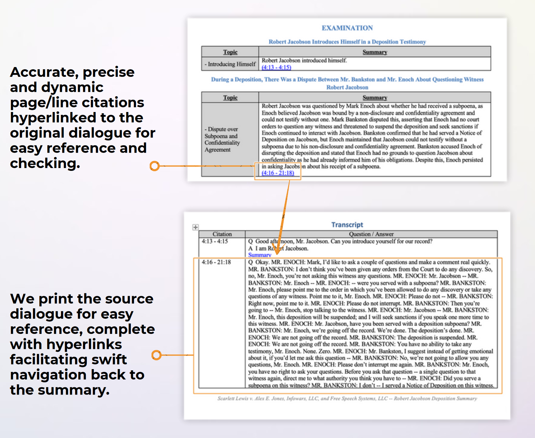 AI deposition memo page and citation links with source dialogue example